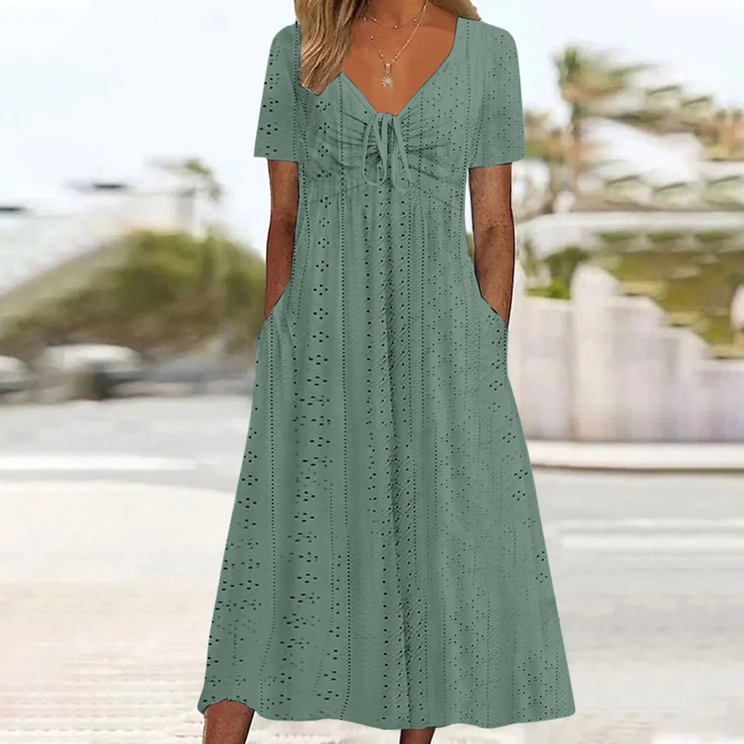 Women's Hollow Out Eyelet Beach Dress Solid Colour V-Neck Tie Short Sleeve Loose Long Dress With Pockets 2025 Boho Summer Dress