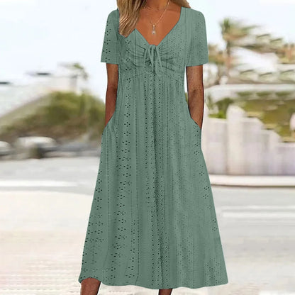Women's Hollow Out Eyelet Beach Dress Solid Colour V-Neck Tie Short Sleeve Loose Long Dress With Pockets 2025 Boho Summer Dress