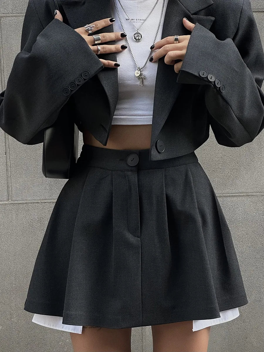 Blubelle Women Stylish Short Blazer Sets Crop Blazer Jackets & Pleated Mini Skirt 2 Pieces Sets Two Piece Sets Womens Outifits