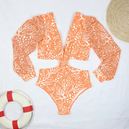 Women's Swimsuit 2024 Long Sleeve Rash Guard Bikini Surfing Suit One Piece Bodysuit Print Brasileño Push up Monokini Swimwear