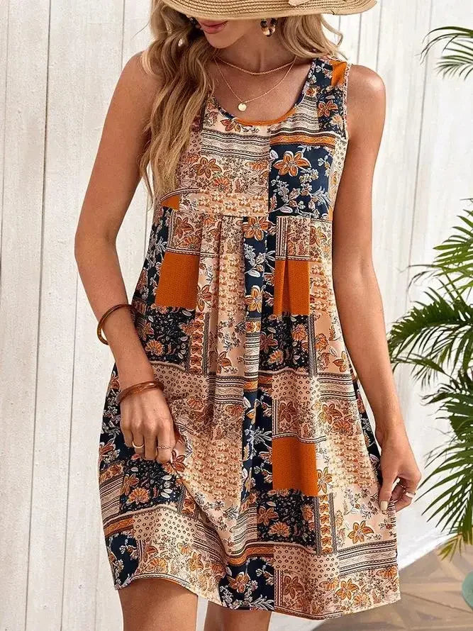 TUME Women's Fashion Print Dress Knee-Length Skirt Sleeveless Regular Waistline Cross-Border Summer New Arrival