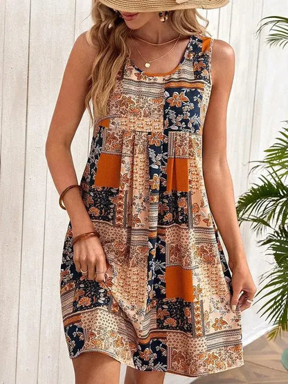TUME Women's Fashion Print Dress Knee-Length Skirt Sleeveless Regular Waistline Cross-Border Summer New Arrival