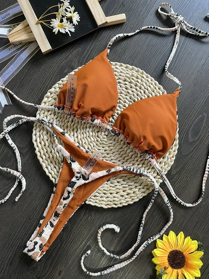 Printed Halter Wrinkled Bikinis Mini Micro Thong Bikini Female Swimsuit Women Swimwear Two-pieces Bikini Set Bathing Suit Swim