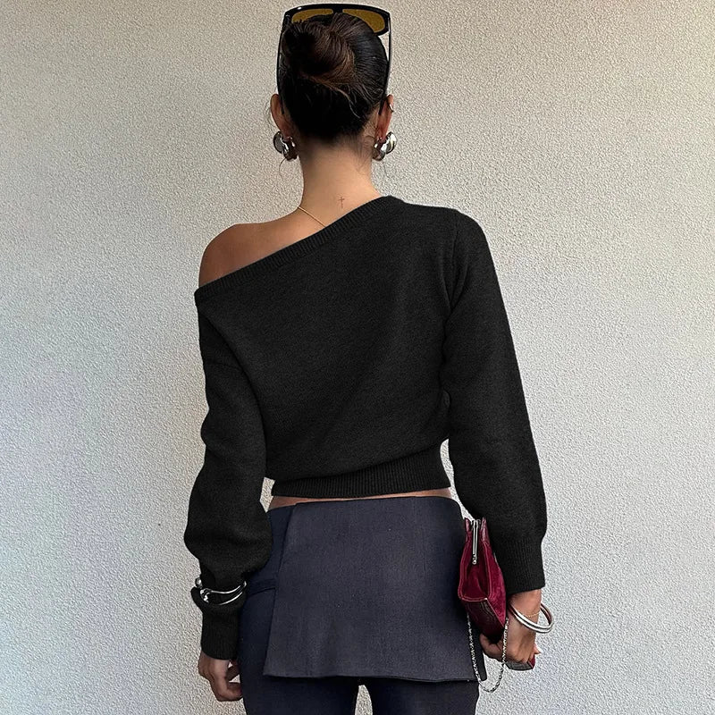 One Shoulder Beige Knitted Sweater Women's Pull Waist One-Shoulder Sweatshirt Jumper Pulls Spring Clothes 2026 Pullover Y2K New