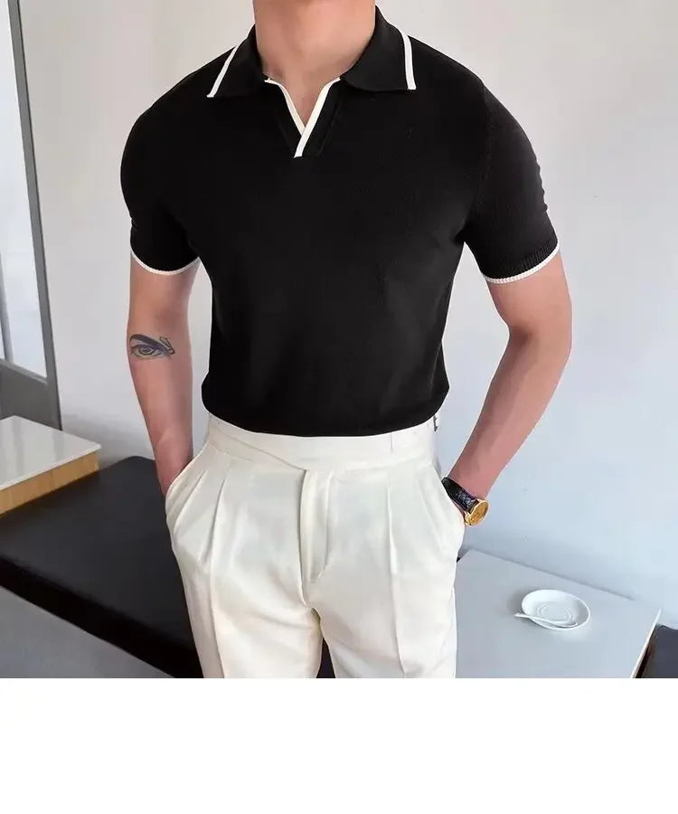 Summer Men's Knit Short Sleeve Polo Shirt Korean Style Slim Fit Solid Color Ice Silk Casual T-shirt Base Layer Top