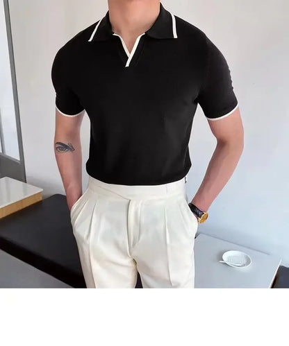 Summer Men's Knit Short Sleeve Polo Shirt Korean Style Slim Fit Solid Color Ice Silk Casual T-shirt Base Layer Top