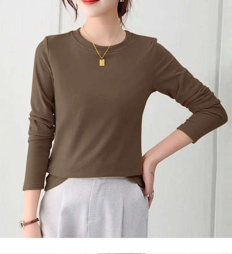 Korean Style Women's round Neck Long Sleeve Base Shirt Early Autumn New Pure Color Threaded Top Trendy T-shirt Slim Fit