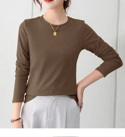 Korean Style Women's round Neck Long Sleeve Base Shirt Early Autumn New Pure Color Threaded Top Trendy T-shirt Slim Fit