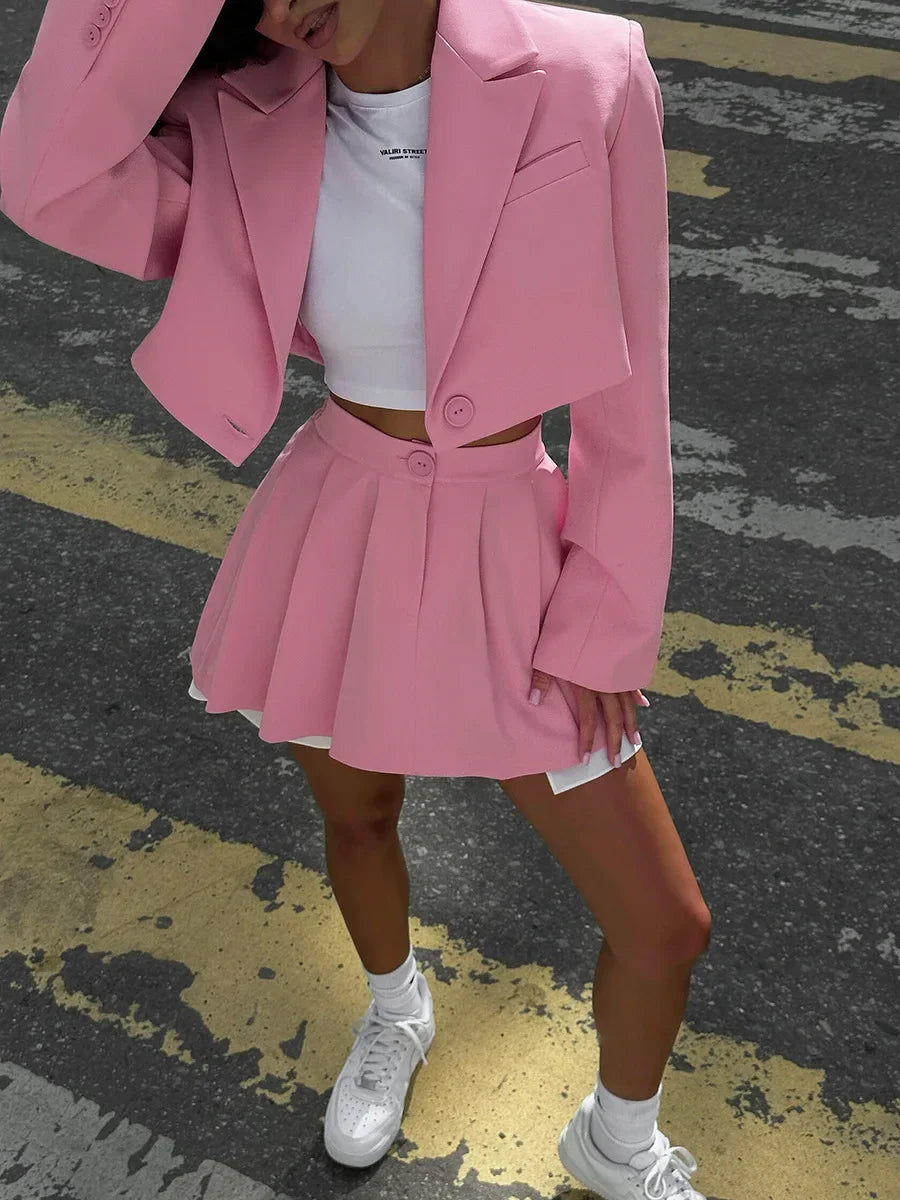 Fall Suit Skirt Suit Women's Solid Lapel Button Blazer Patchwork Pleated Skirt 2 Piece Skirt Suit FashionStreetwear Women's Y2k