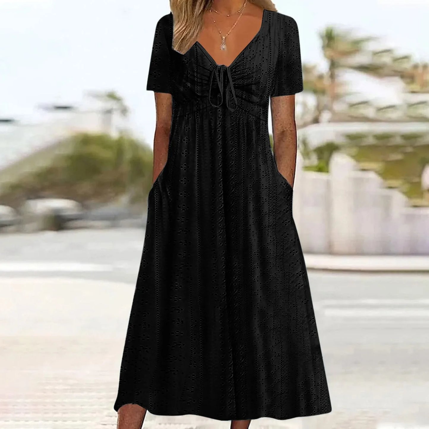 Women's Hollow Out Eyelet Beach Dress Solid Colour V-Neck Tie Short Sleeve Loose Long Dress With Pockets 2025 Boho Summer Dress