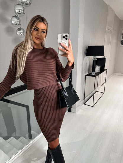 Fashion Long Sleeve Knitted Sweater And Dress Two Piece Sets For Women 2025 Autumn Winter Outfits Warm Sexy Bodycon Drsses Sets