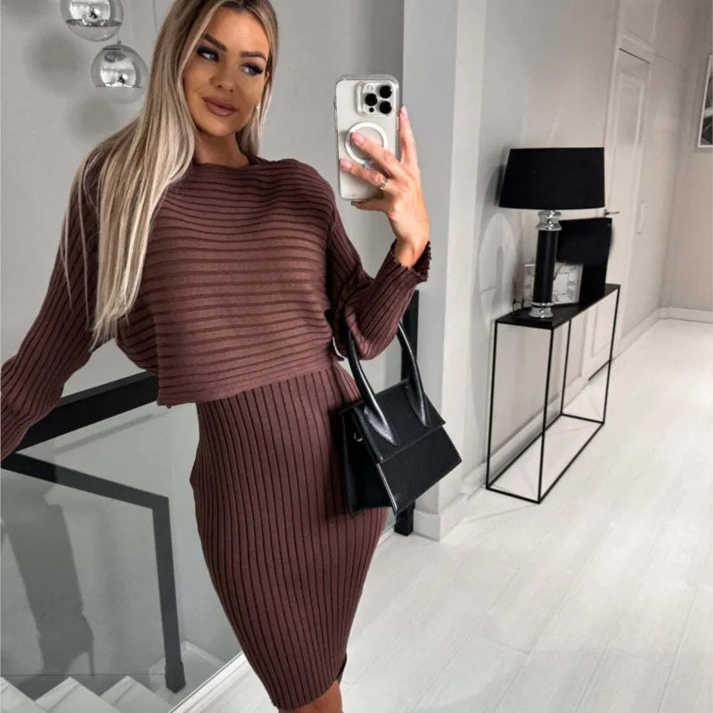 Fashion Long Sleeve Knitted Sweater And Dress Two Piece Sets For Women 2025 Autumn Winter Outfits Warm Sexy Bodycon Drsses Sets