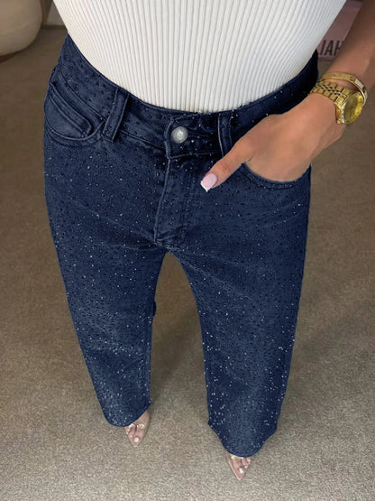 Straight Jeans for Women Diamonds Pants Stretch High Waist Washed Distressed Pockets Vintage Denims Streetwear Female Trousers