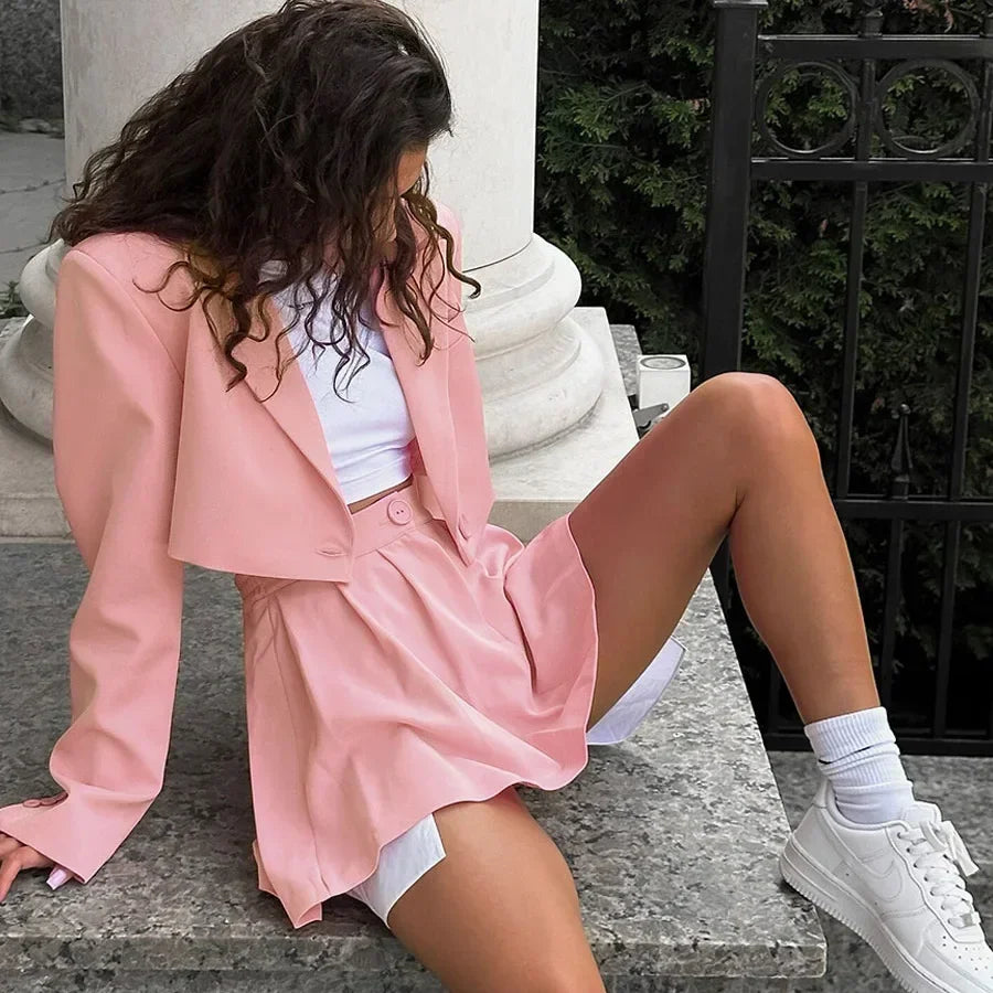 Fall Suit Skirt Suit Women's Solid Lapel Button Blazer Patchwork Pleated Skirt 2 Piece Skirt Suit FashionStreetwear Women's Y2k