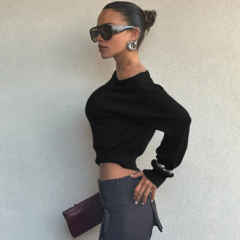 One Shoulder Beige Knitted Sweater Women's Pull Waist One-Shoulder Sweatshirt Jumper Pulls Spring Clothes 2026 Pullover Y2K New