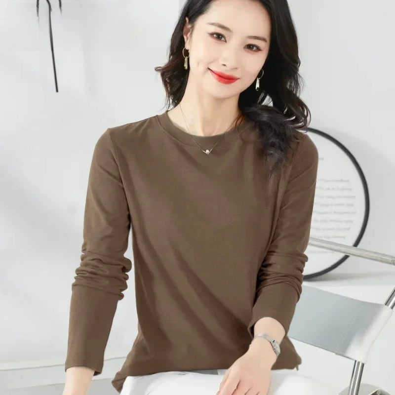 Korean Style Women's round Neck Long Sleeve Base Shirt Early Autumn New Pure Color Threaded Top Trendy T-shirt Slim Fit