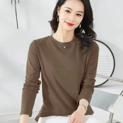 Korean Style Women's round Neck Long Sleeve Base Shirt Early Autumn New Pure Color Threaded Top Trendy T-shirt Slim Fit
