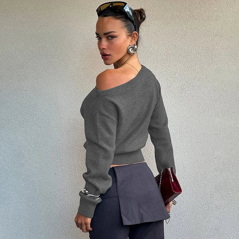 One Shoulder Beige Knitted Sweater Women's Pull Waist One-Shoulder Sweatshirt Jumper Pulls Spring Clothes 2026 Pullover Y2K New
