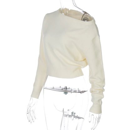 One Shoulder Beige Knitted Sweater Women's Pull Waist One-Shoulder Sweatshirt Jumper Pulls Spring Clothes 2026 Pullover Y2K New