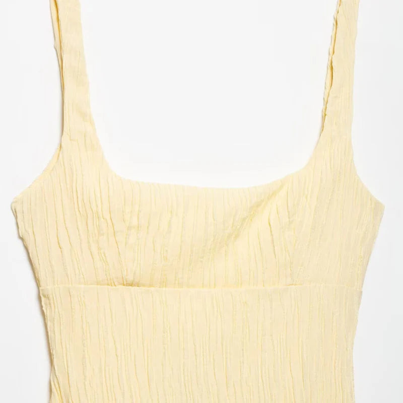Women's Dress Yellow Pleated Sexy Backless Slip Dress Female Sleeveless Midi Dress 2026 Summer New Square Collar Beach Vestidos