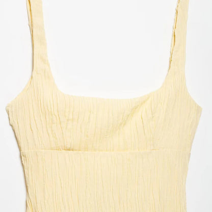 Women's Dress Yellow Pleated Sexy Backless Slip Dress Female Sleeveless Midi Dress 2026 Summer New Square Collar Beach Vestidos