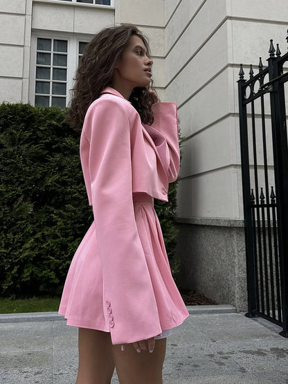 Blubelle Women Stylish Short Blazer Sets Crop Blazer Jackets & Pleated Mini Skirt 2 Pieces Sets Two Piece Sets Womens Outifits