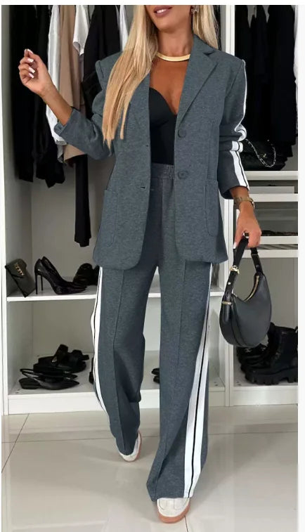 Casual Two Piece Sets Womens Outifits Fall Long Sleeved Patchwork Double Breasted Suit Coat Loose Pant Two-piece Set Winter 2024