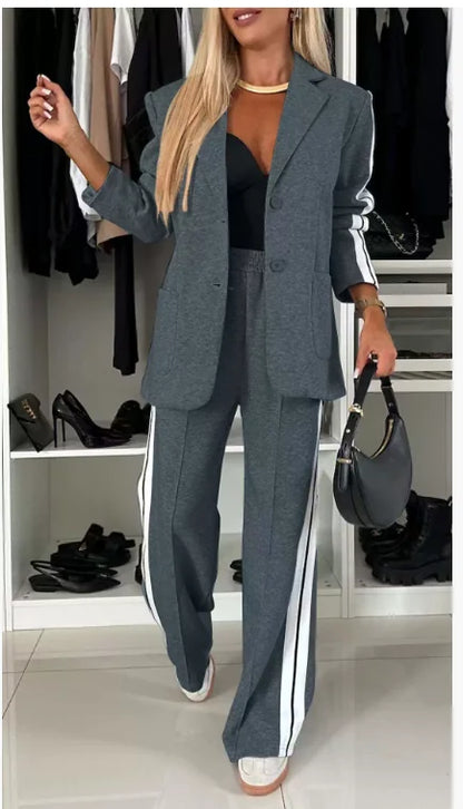 Casual Two Piece Sets Womens Outifits Fall Long Sleeved Patchwork Double Breasted Suit Coat Loose Pant Two-piece Set Winter 2024