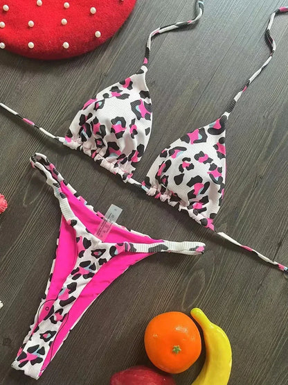 Printed Halter Wrinkled Bikinis Mini Micro Thong Bikini Female Swimsuit Women Swimwear Two-pieces Bikini Set Bathing Suit Swim