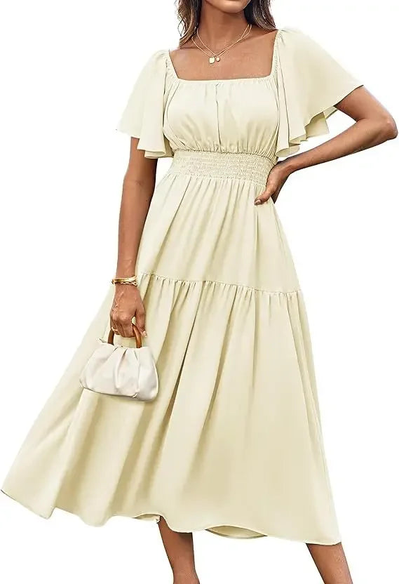 Elegant Summer Long Skirt for Women with Puffy Sleeves Square Collar Gathered Waist Loose Fit Knee-Length Holiday Dress