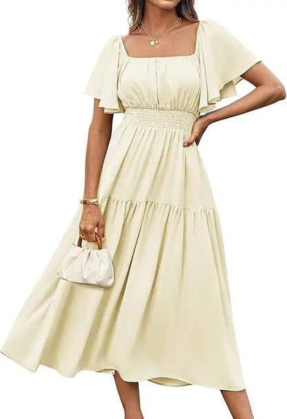 Elegant Summer Long Skirt for Women with Puffy Sleeves Square Collar Gathered Waist Loose Fit Knee-Length Holiday Dress