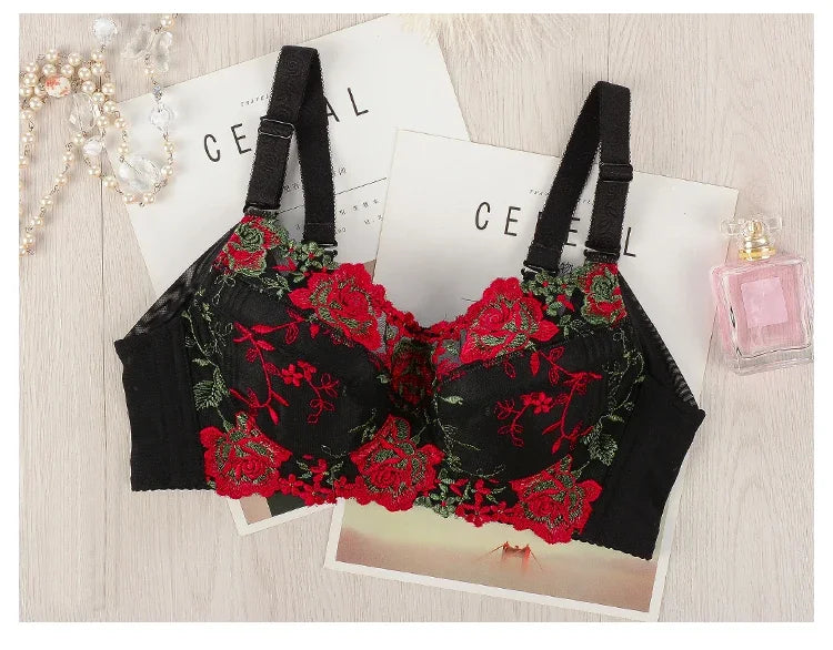 Womens Underwire Push Up Lingerie Minimizer Bra Lightly Lined Floral Lace Embroidery Full Coverage 36 38 40 42 44 B C D E F G H