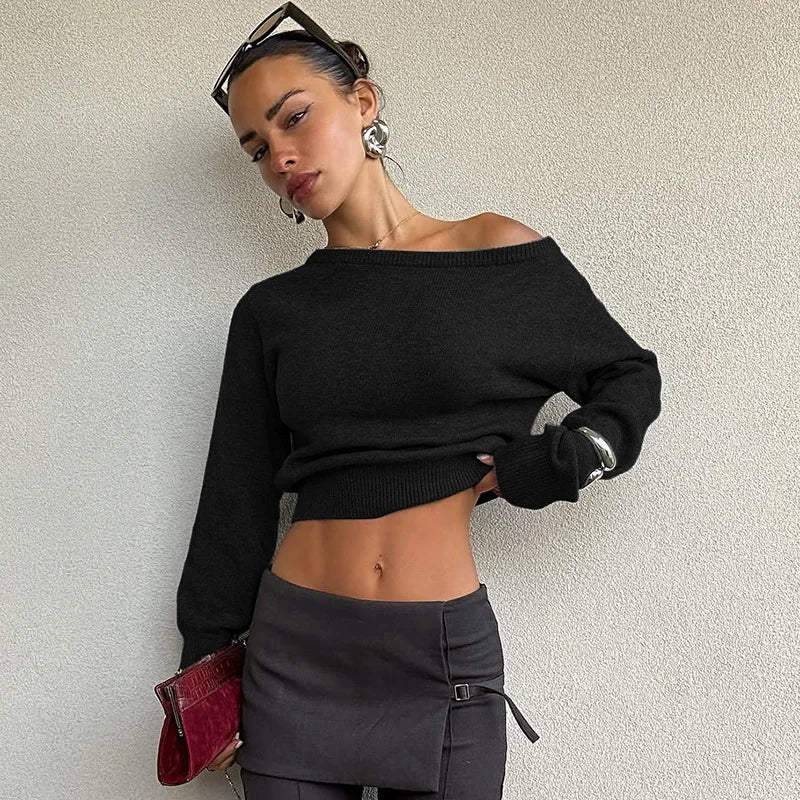 One Shoulder Beige Knitted Sweater Women's Pull Waist One-Shoulder Sweatshirt Jumper Pulls Spring Clothes 2026 Pullover Y2K New