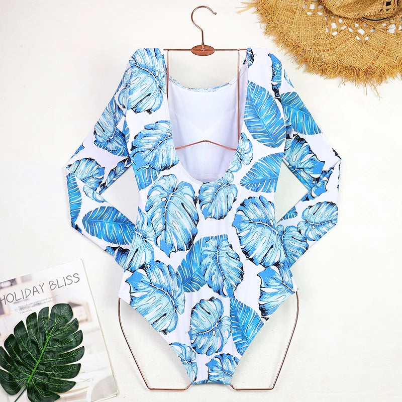 Women's Swimsuit 2024 Long Sleeve Rash Guard Bikini Surfing Suit One Piece Bodysuit Print Brasileño Push up Monokini Swimwear