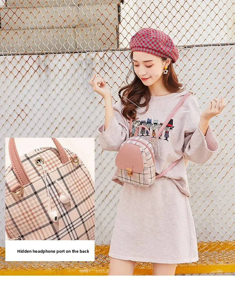 Fashionable Korean Style Small Backpack Hot Sale Of The Season Checkered Crossbody Bag Single Shoulder Phone Bag PU Material...