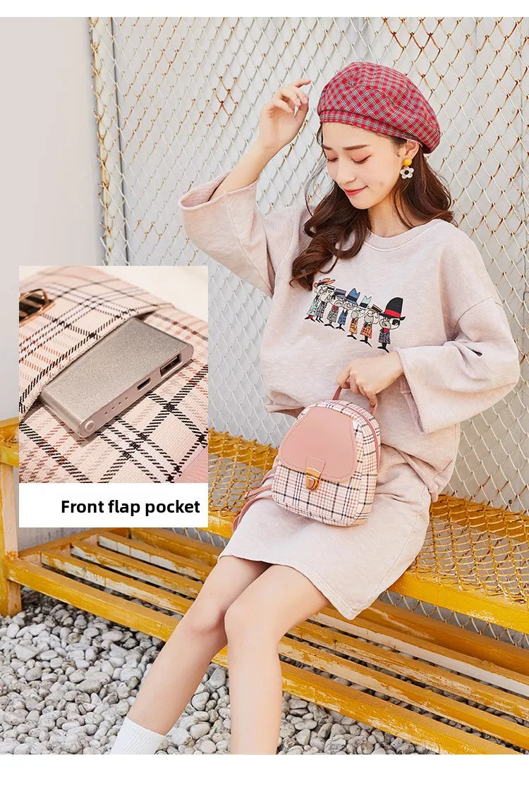 Fashionable Korean Style Small Backpack Hot Sale Of The Season Checkered Crossbody Bag Single Shoulder Phone Bag PU Material...