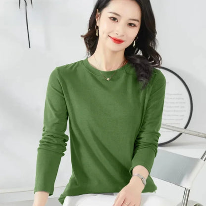 Korean Style Women's round Neck Long Sleeve Base Shirt Early Autumn New Pure Color Threaded Top Trendy T-shirt Slim Fit