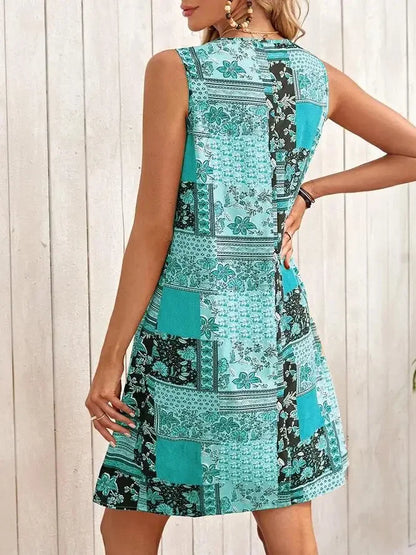 TUME Women's Fashion Print Dress Knee-Length Skirt Sleeveless Regular Waistline Cross-Border Summer New Arrival