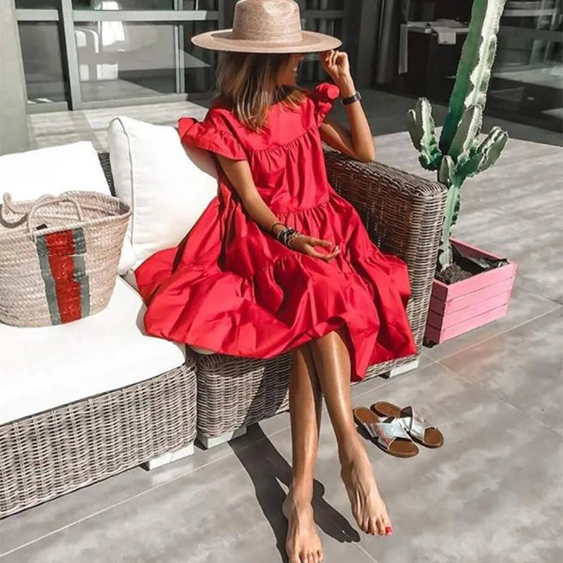 Casual Loose Ruffles Dress Women Fashion O-neck Pure Color Short Sleeve Dresses For Women 2024 Summer White Beach Sumdress