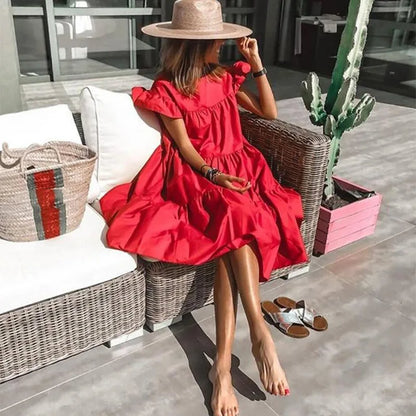 Casual Loose Ruffles Dress Women Fashion O-neck Pure Color Short Sleeve Dresses For Women 2024 Summer White Beach Sumdress