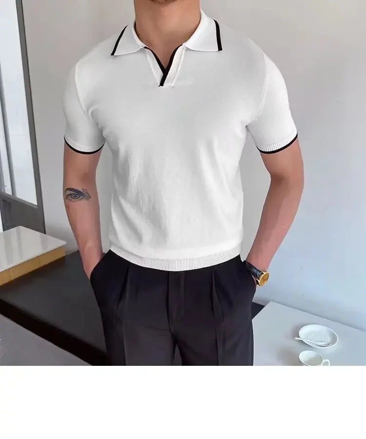 Summer Men's Knit Short Sleeve Polo Shirt Korean Style Slim Fit Solid Color Ice Silk Casual T-shirt Base Layer Top