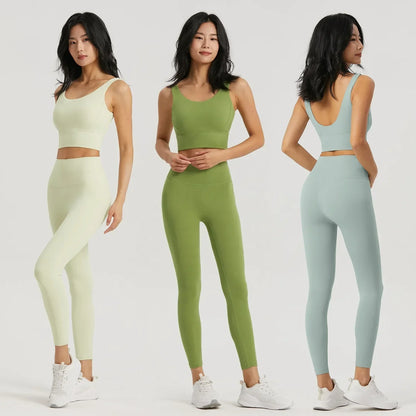 Seamless Yoga Set Women Gym Clothing Sports Bra Semi-Fixed Cups Workout Tops Anti Rolling Yoga Leggings with Pocket Tights