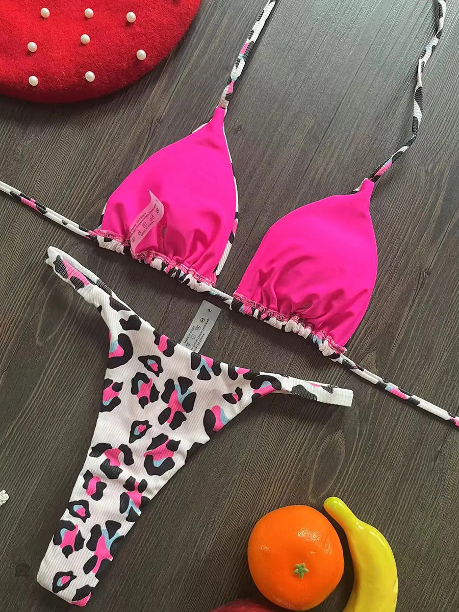 Printed Halter Wrinkled Bikinis Mini Micro Thong Bikini Female Swimsuit Women Swimwear Two-pieces Bikini Set Bathing Suit Swim