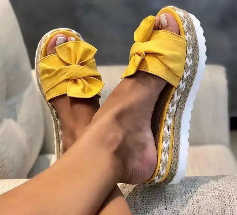 Women's Summer 2025 Thick Heel Slippers Butterfly Knot Sandal Rope Large Size Beach Slippers Comfortable round Toe Rubber Sole