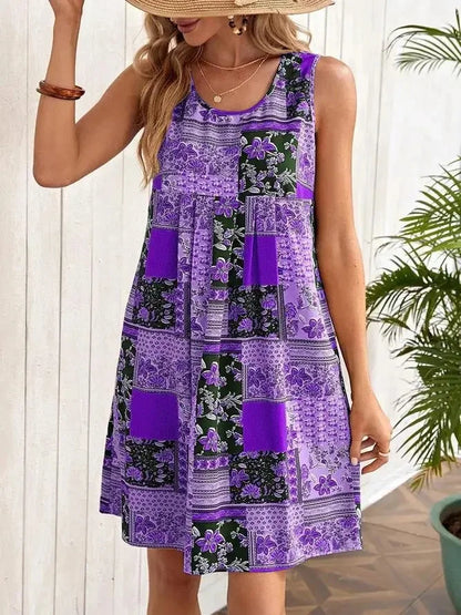 TUME Women's Fashion Print Dress Knee-Length Skirt Sleeveless Regular Waistline Cross-Border Summer New Arrival