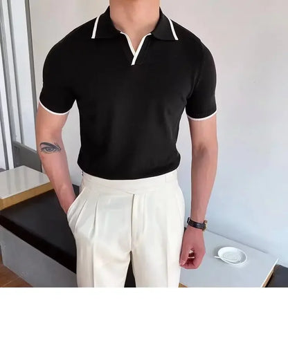 Summer Men's Knit Short Sleeve Polo Shirt Korean Style Slim Fit Solid Color Ice Silk Casual T-shirt Base Layer Top