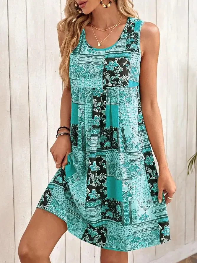 TUME Women's Fashion Print Dress Knee-Length Skirt Sleeveless Regular Waistline Cross-Border Summer New Arrival