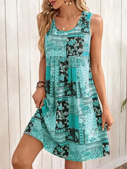 TUME Women's Fashion Print Dress Knee-Length Skirt Sleeveless Regular Waistline Cross-Border Summer New Arrival