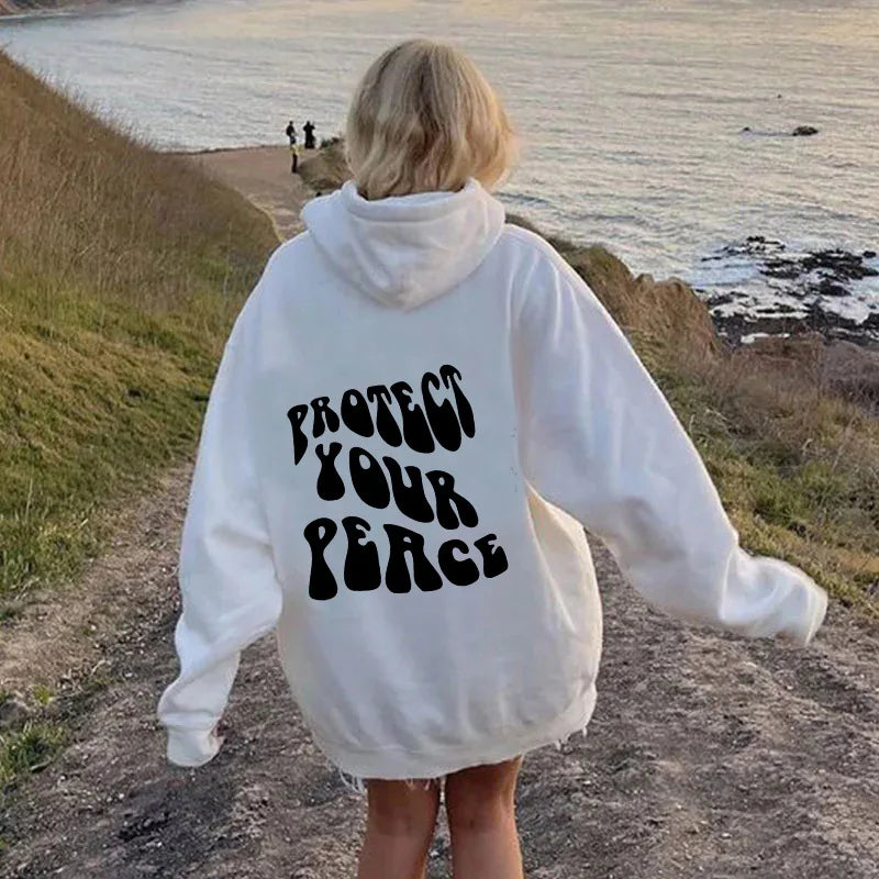 Retro American Fleece Hoodie Women's Long Sleeve Oversized Comfortable Street Style Winter Thermal Polyester Print Sweatshirt