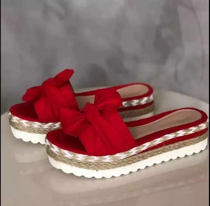 Women's Summer 2025 Thick Heel Slippers Butterfly Knot Sandal Rope Large Size Beach Slippers Comfortable round Toe Rubber Sole